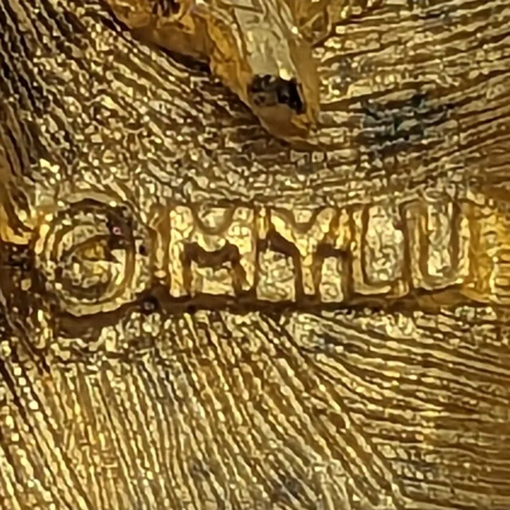 Vintage Signed MYLU Christmas Stocking Brooch Poodle Dog Rhinestones Gold Tone - Picture 3 of 3